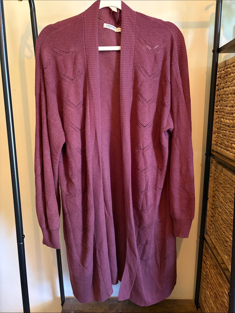Open-Front Knit Cardigan Sweater - wine colour